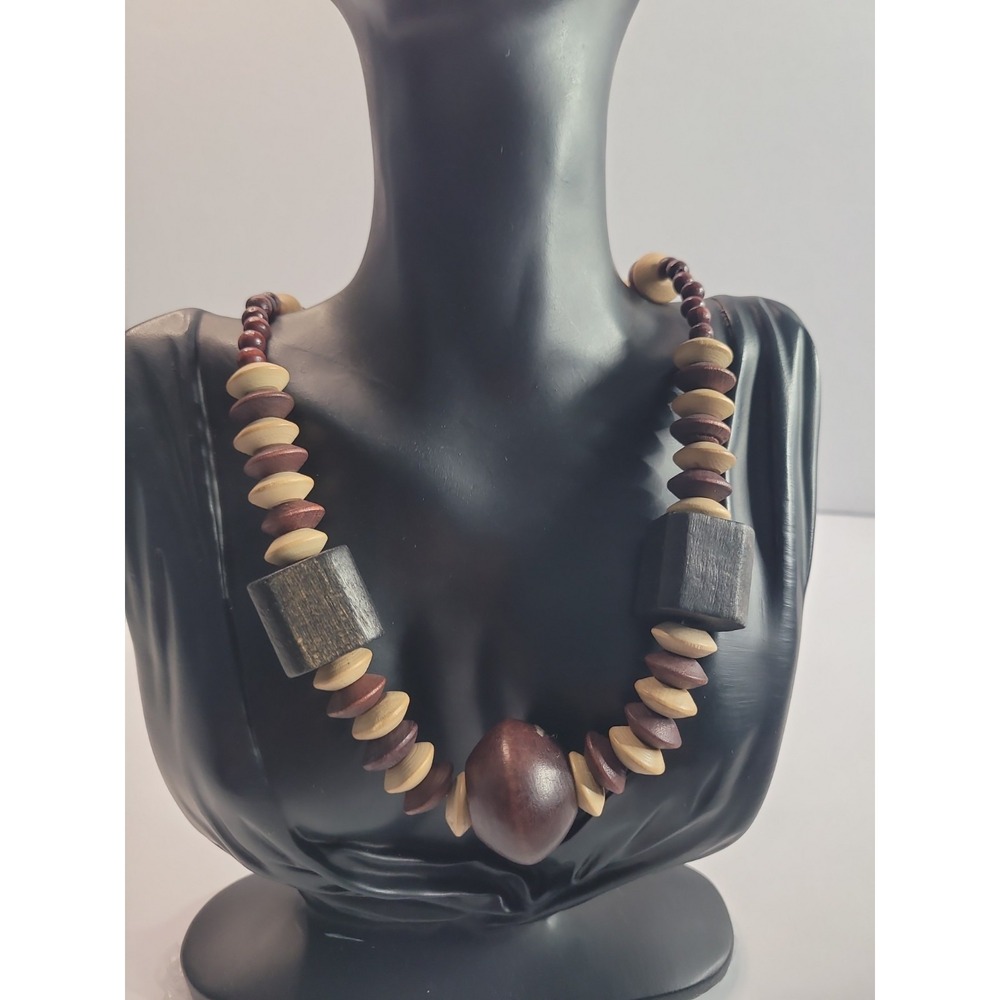 Brown Tan Black Chunky Geometric Wood Bead Statement Necklace
